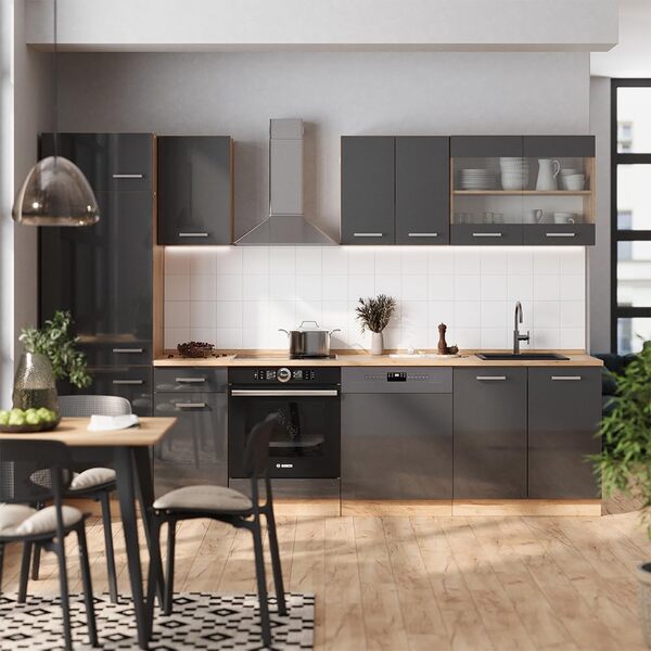 Vicco Cuisine R-Line, Anthracite Brillant/Chêne doré, 300 cm sans Plan de Travail