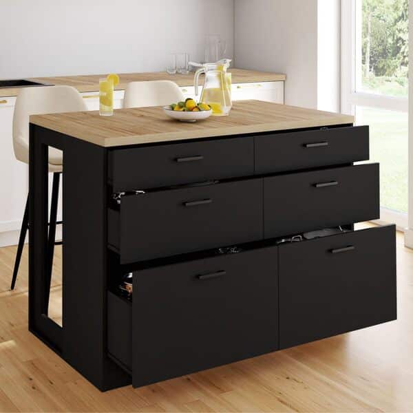 IDMarket - Ilot Central Mange-Debout Orso 120 cm casserolier 6 tiroirs Noir et Plateau Bois