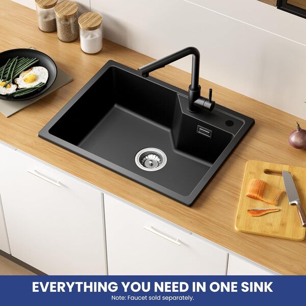 Evier Cuisine 1 Bac 60 x 45 cm, Evier Noir en Granit, Lavabo Cuisine pour Meubles Bas de 60 cm, Évier Cuisine avec Siphon Classique et Trop-plein