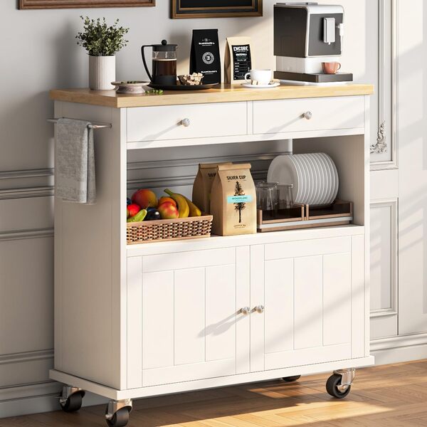 Îlot de cuisine roulant avec armoire de rangement, chariot de cuisine de 90 cm de large, table d'îlot à 2 tiroirs, îlot de cuisine mobile portable avec porte-serviettes, dessus en bois et