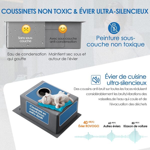 ROVOGO 50 x 35 cm Evier Cuisine en Acier Inox Noir, Kit de Vidage d'évier de Cuisine avec Trop-plein, Évier de Cuisine avec Trous pour Robinet et Distributeur de Savon, Lavabo Cuisine 1 Bac