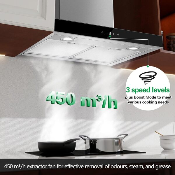 TopStrong Hotte Aspirante 60cm, Class A+++ 450m³/h Hotte de Cuisine Silencieuse, Hotte Aspirante Evacuation ou Recyclage Inclus Filtres Charbon, 3 Vitesses - Fonction Boost, Commande Tactile, Inox [Classe énergétique A+++]