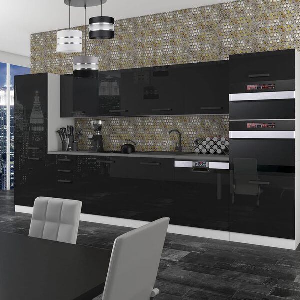 Belini Cuisine Équipée Naomi - 360 cm, Sans Plan de Travail, Noir Très Brillant