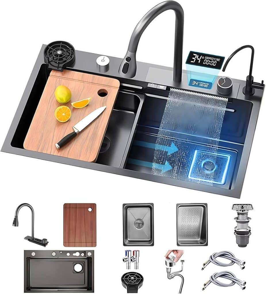 Test de l'évier multifonctionnel avec cascade LED et lave-vaisselle haute pression