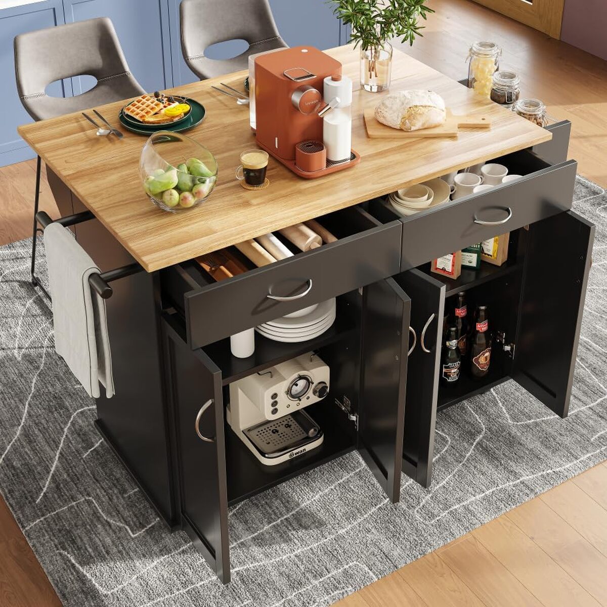 Test : îlot de cuisine multifonctionnel noir avec espace de rangement
