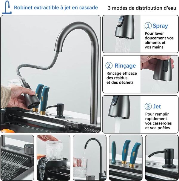 Évier de cuisine Évier à cascade numérique évier en acier inoxydable avec Robinet à tirer gris et planche à découper évier de cuisine multifonction Accessoires d'évier complets (75x46cm)