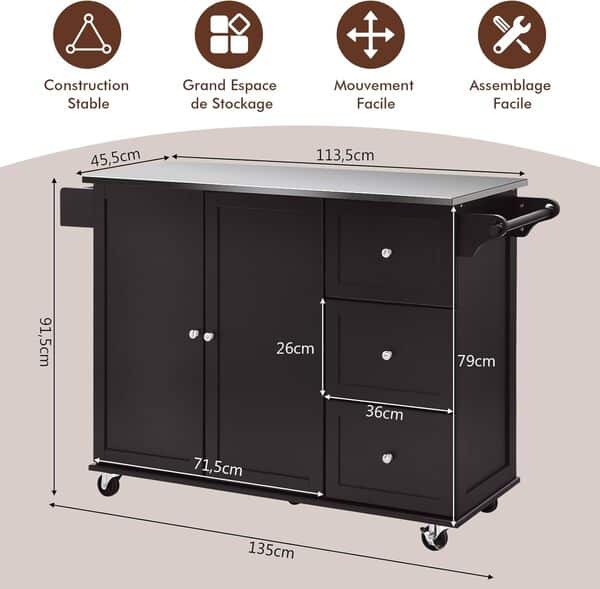 GOPLUS Desserte à roulettes de Cuisine en Bois Placard Étagère 3 Niveaux Réglables et 3 Tiroirs, Plateau en Acier Inoxydable, Support à Épices, Porte-Serviettes, 135 x 45,5 x 91,5CM