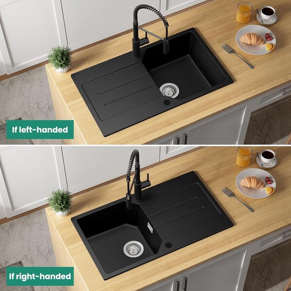 78x45CM Evier Noir 1 Bac avec Égouttoir, Evier Granit Noir pour Meuble Bas à Partir de 45CM, Évier Cuisine 1 Bac avec 80% de Sable de Quartz, Siphon et Trop-Plein