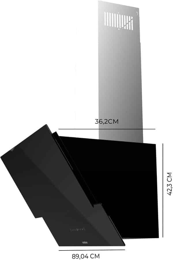 Cecotec Hotte Aspirante Inclinée Décorative 90Cm Bolero Flux Dt 908001 Glass Black A++. Finition Verre Noir, Cheminée Inox, Aspiration 800M3/H, Moteur 210W, Filtre Charbon [Classe énergétique A++]