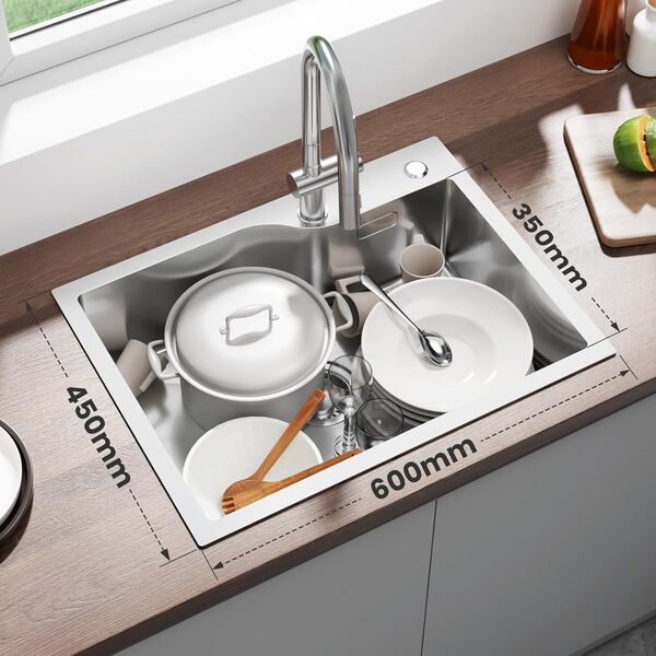 CECIPA Évier en acier inoxydable 60x45 cm, évier encastrable en acier inoxydable avec bac de vidange, évier de cuisine avec trou de robinet pour à partir de 60 cm, lavabo en acier inoxydable avec