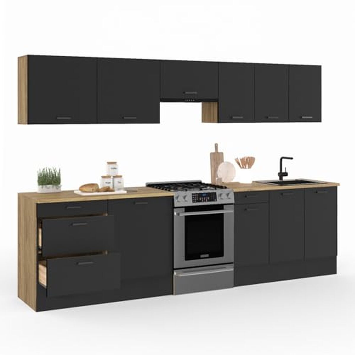Test : cuisine complète IDMarket Subtil 300 cm bois et noir