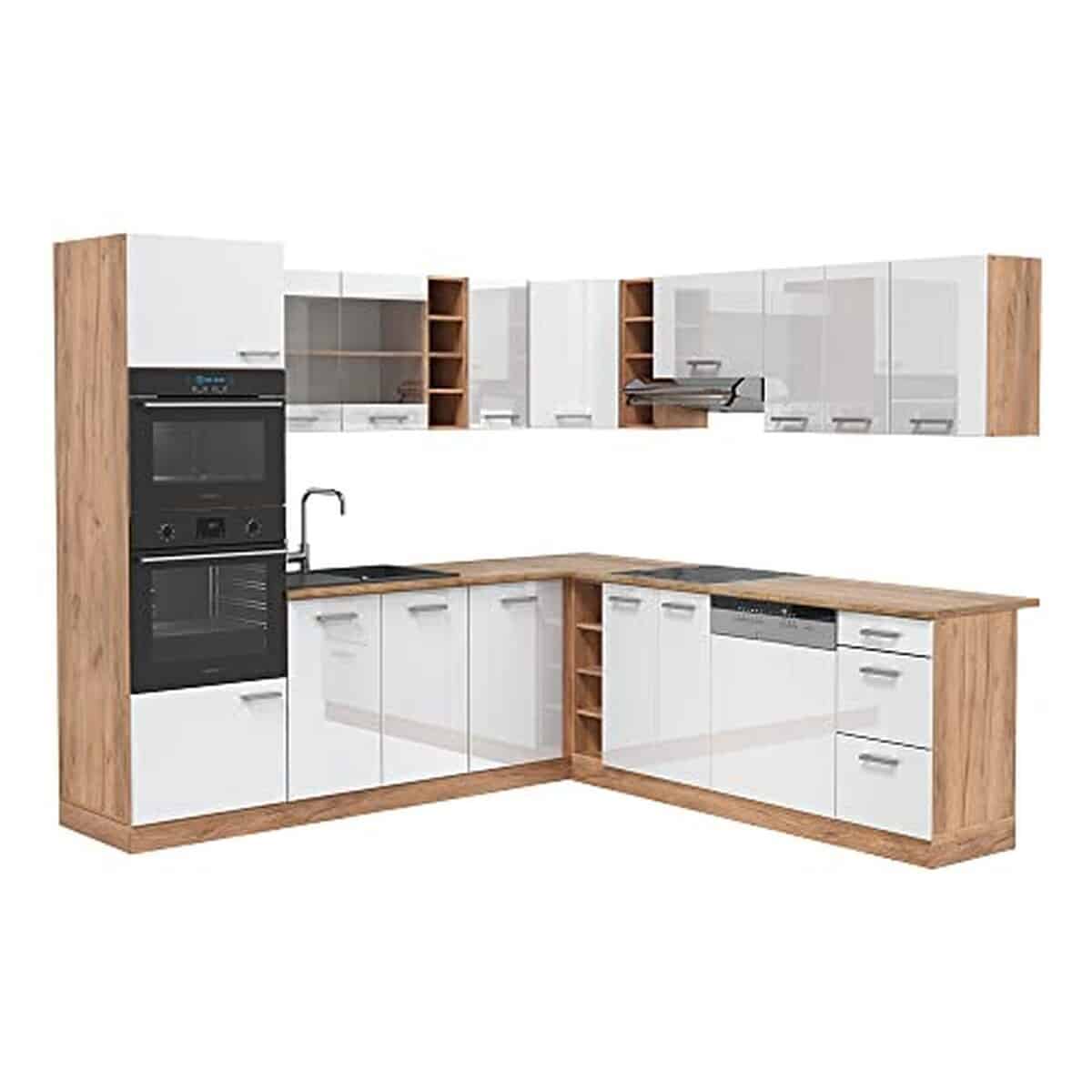 Test de la cuisine en angle Vicco R-Line : design blanc brillant/chêne doré