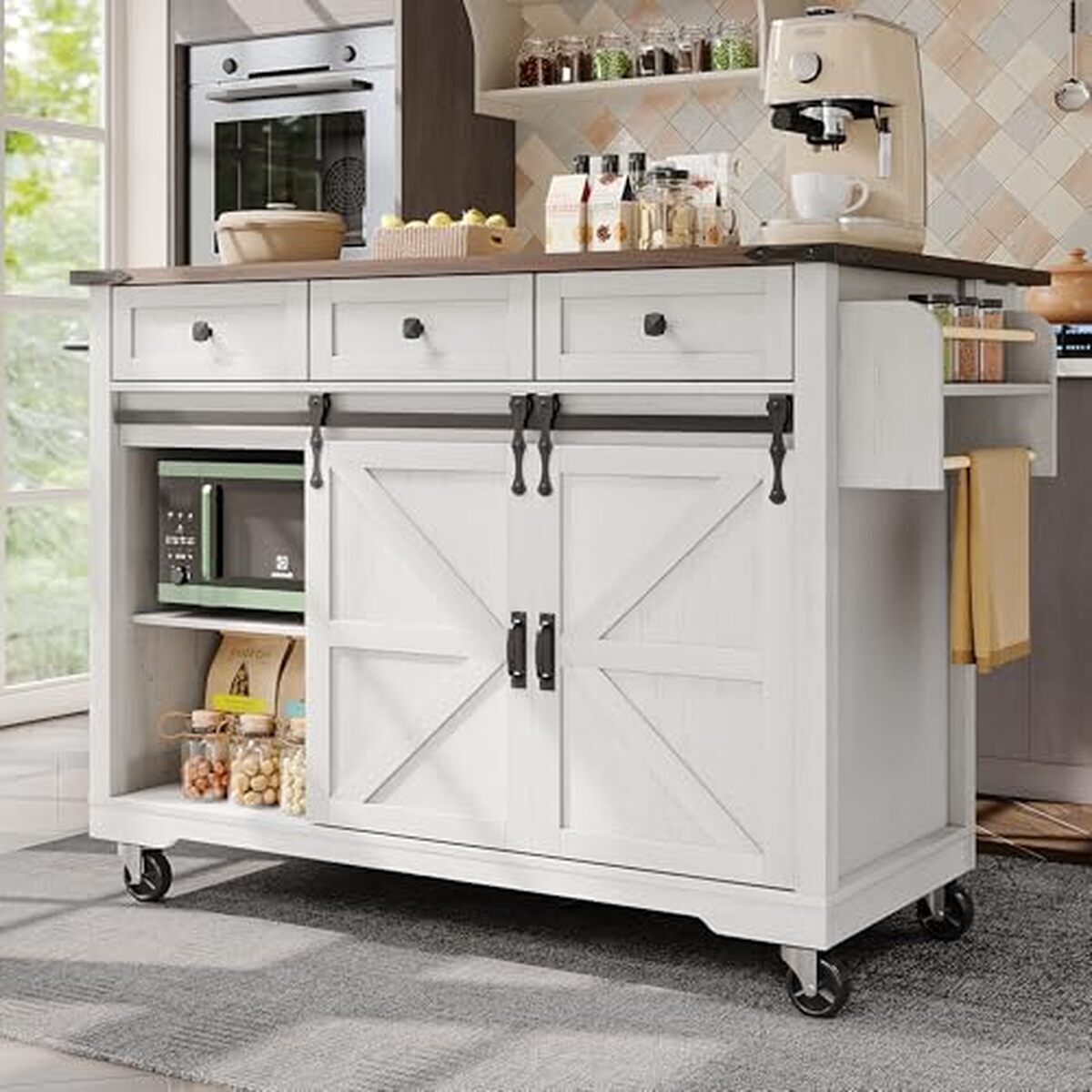 Test du chariot de cuisine avec plan rétractable et portes coulissantes