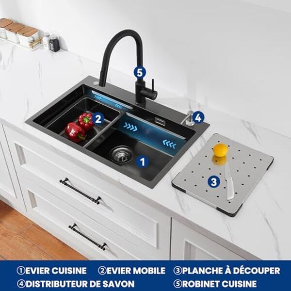 Découvrez notre test complet de l'évier Cecipa noir 1 bac avec robinet extensible : design moderne, praticité et qualité au rendez-vous.