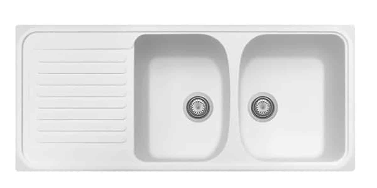 Test de l'évier en quartz Plados HR1162 : deux bacs et égouttoir blanc