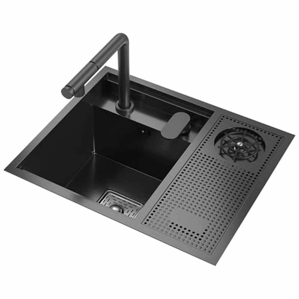 Test de l'évier de cuisine noir mat 55x45 cm encastrable avec robinet extensible