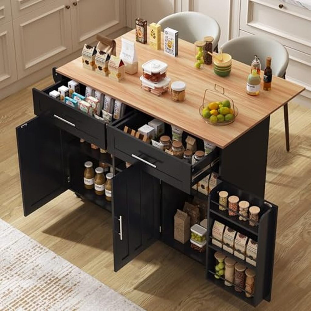 Test : desserte îlot de cuisine noir avec roulettes et rangements pratiques