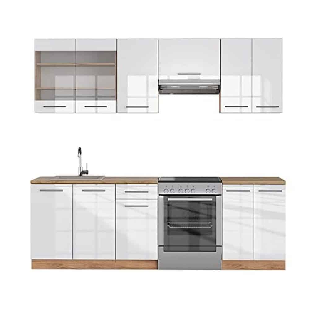 Test Vicco cuisine Fame-line 240 cm : blanc brillant et chêne doré