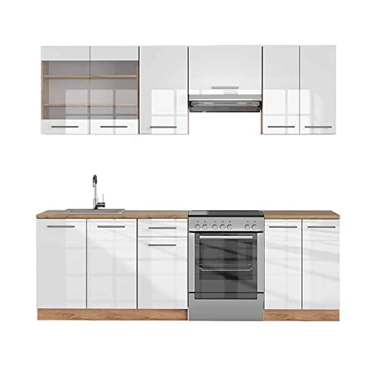 Test Vicco cuisine Fame-line 240 cm : blanc brillant et chêne doré